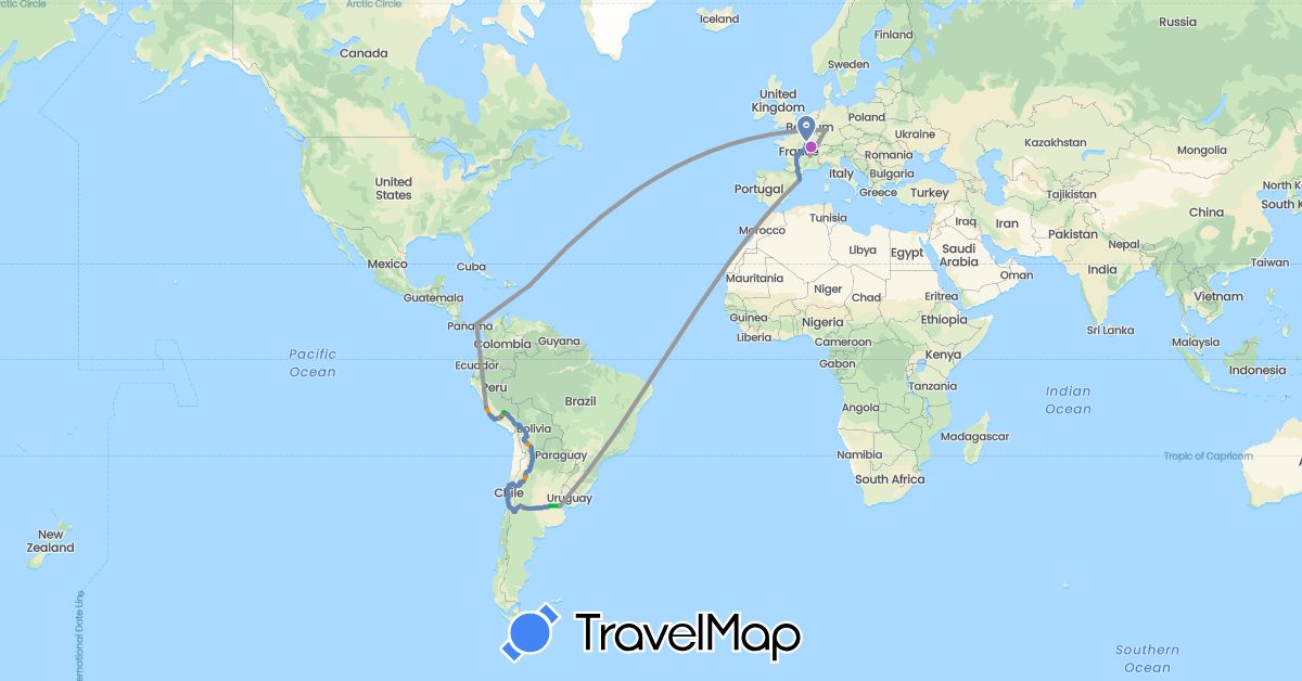 TravelMap itinerary: driving, bus, plane, cycling, train, boat, hitchhiking in Argentina, Bolivia, Chile, Germany, Spain, France, Panama, Peru, Puerto Rico (Europe, North America, South America)